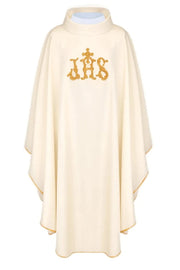 Ecru Chasuble with embroidered band with IHS monogram — front view