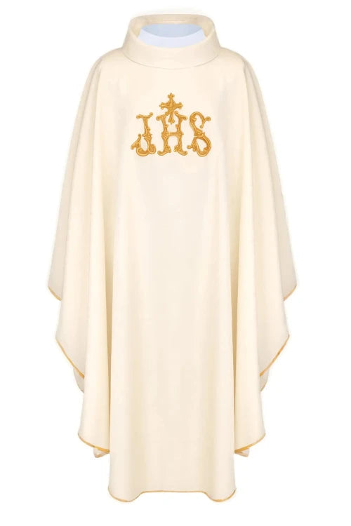 Ecru Chasuble with embroidered band with IHS monogram — front view