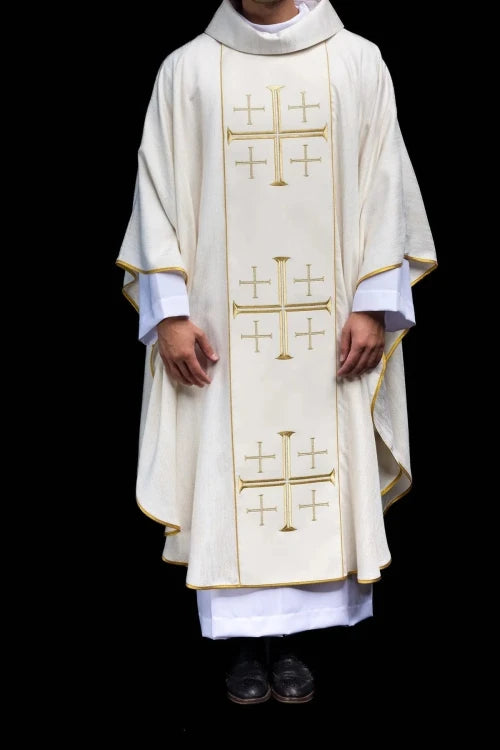 Ecru Chasuble with embroidered band with Jerusalem crosses — front view