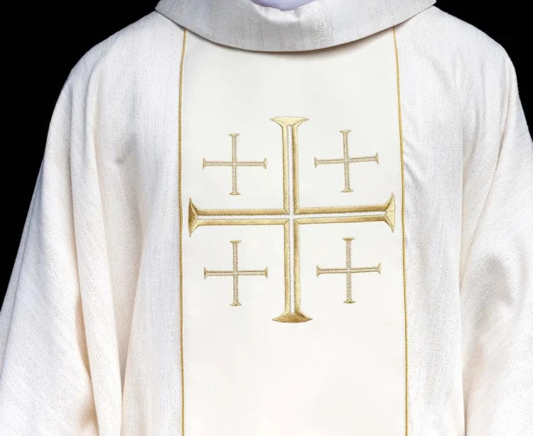 Ecru Chasuble with embroidered band with Jerusalem crosses — full view