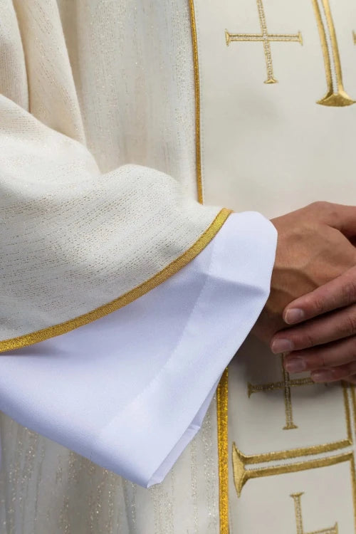 Ecru Chasuble with embroidered band with Jerusalem crosses — back view