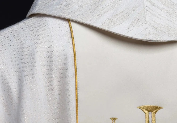 Ecru Chasuble with embroidered band with Jerusalem crosses — side view