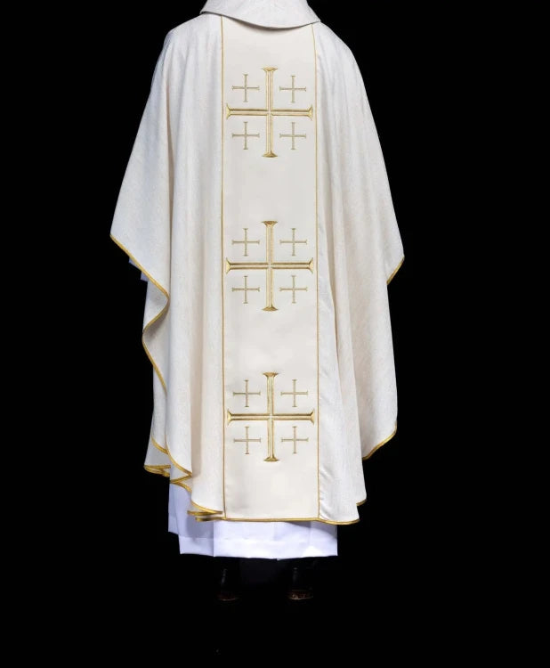 Ecru Chasuble with embroidered band with Jerusalem crosses — fabric detail