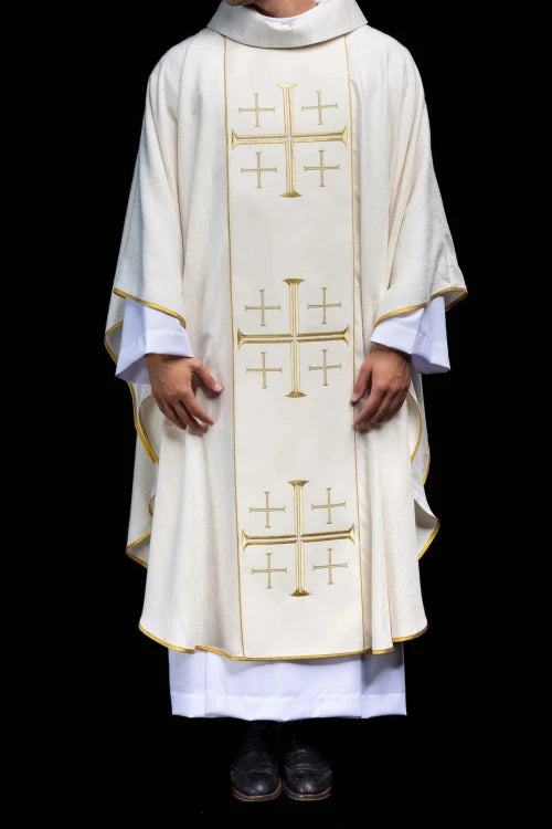 Ecru Chasuble with embroidered band with Jerusalem crosses — vestment detail