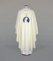 Ecru Chasuble with embroidered Christmas motif — front view