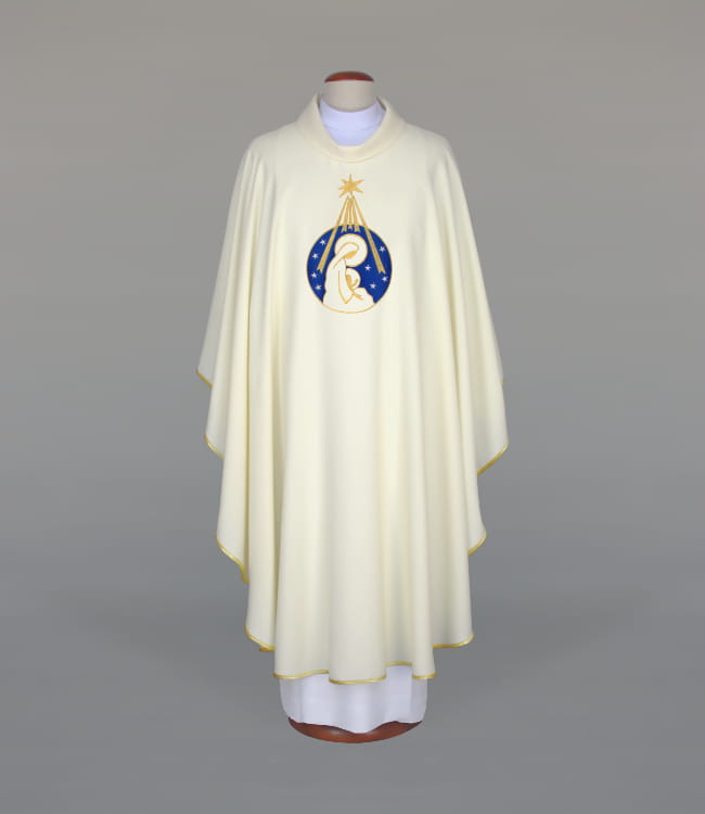 Ecru Chasuble with embroidered Christmas motif — front view