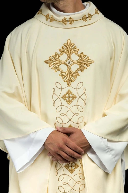 Ecru Chasuble with embroidered cord and natural-stone decoration — front view