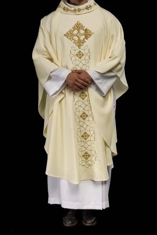 Ecru Chasuble with embroidered cord and natural-stone decoration — full view