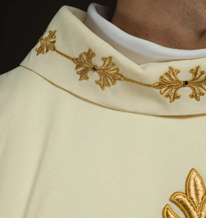 Ecru Chasuble with embroidered cord and natural-stone decoration — back view