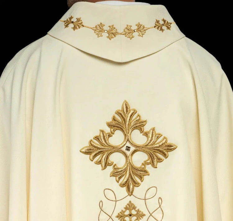 Ecru Chasuble with embroidered cord and natural-stone decoration — side view