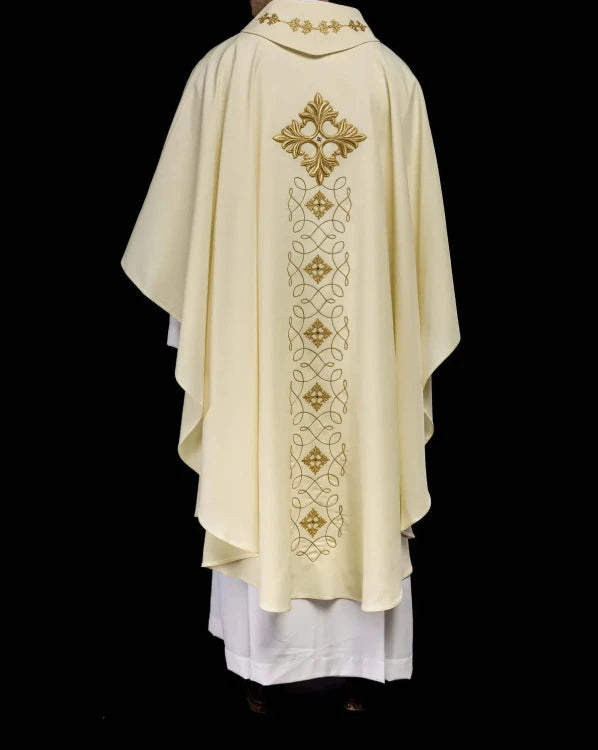 Ecru Chasuble with embroidered cord and natural-stone decoration — collar detail