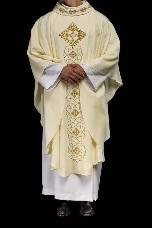 Ecru Chasuble with embroidered cord and natural-stone decoration — fabric detail