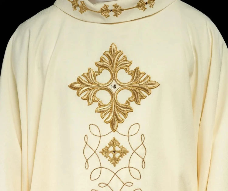 Ecru Chasuble with embroidered cord and natural-stone decoration — vestment detail