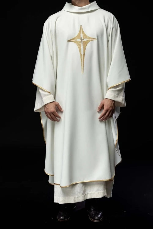 Ecru Chasuble with embroidered cross — front view