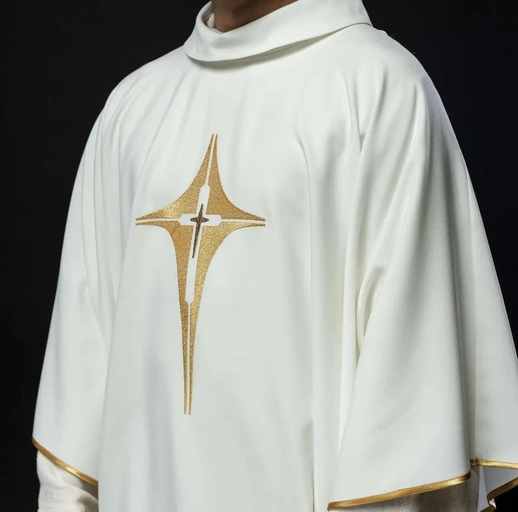 Ecru Chasuble with embroidered cross — decoration detail