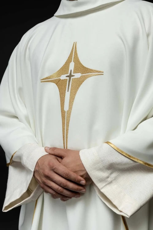 Ecru Chasuble with embroidered cross — close-up detail