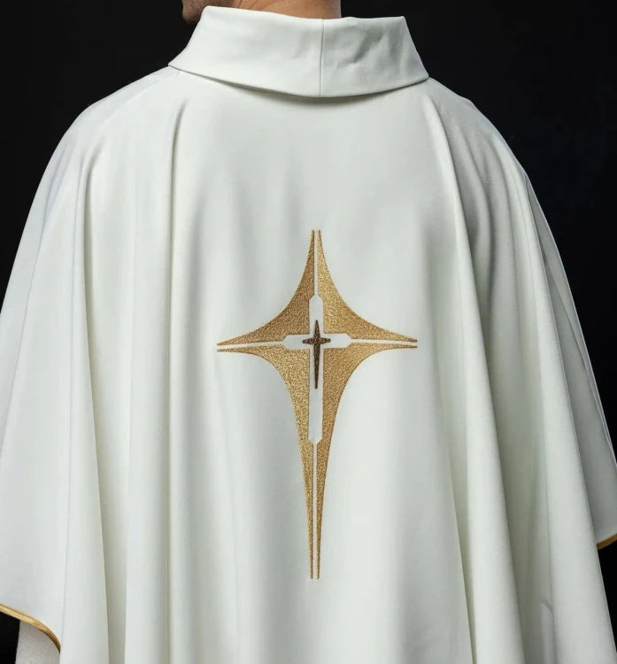 Ecru Chasuble with embroidered cross — side view