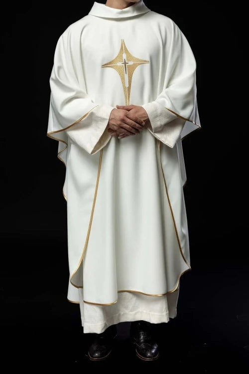Ecru Chasuble with embroidered cross — collar detail