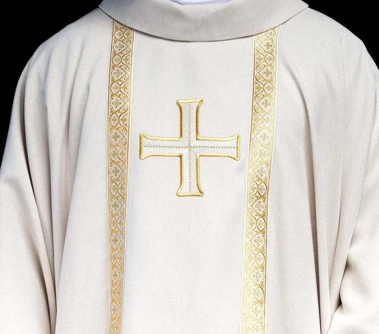 Ecru Chasuble with embroidered cross and jacquard bands — front view