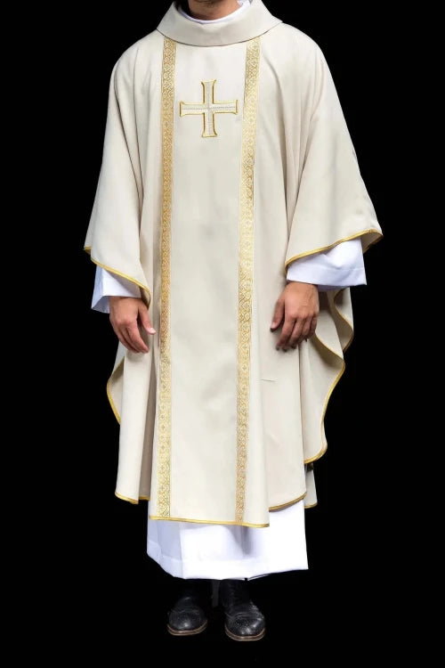 Ecru Chasuble with embroidered cross and jacquard bands — full view