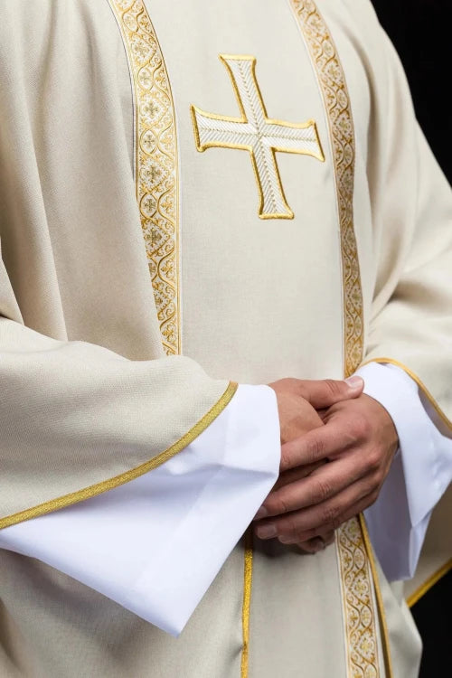 Ecru Chasuble with embroidered cross and jacquard bands — back view