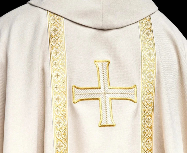 Ecru Chasuble with embroidered cross and jacquard bands — close-up detail