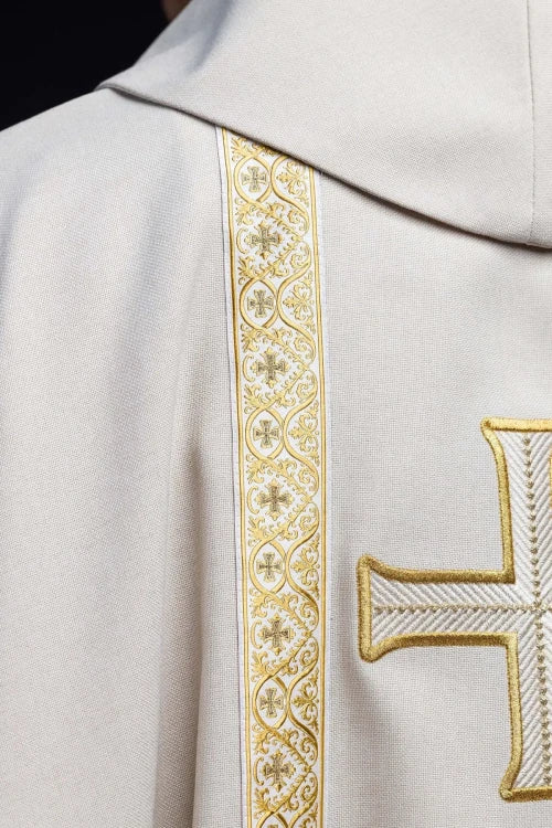 Ecru Chasuble with embroidered cross and jacquard bands — side view