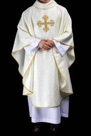 Ecru Chasuble with embroidered cross on jacquard fabric — front view