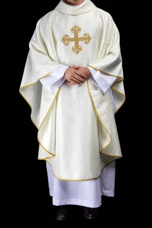 Ecru Chasuble with embroidered cross on jacquard fabric — front view