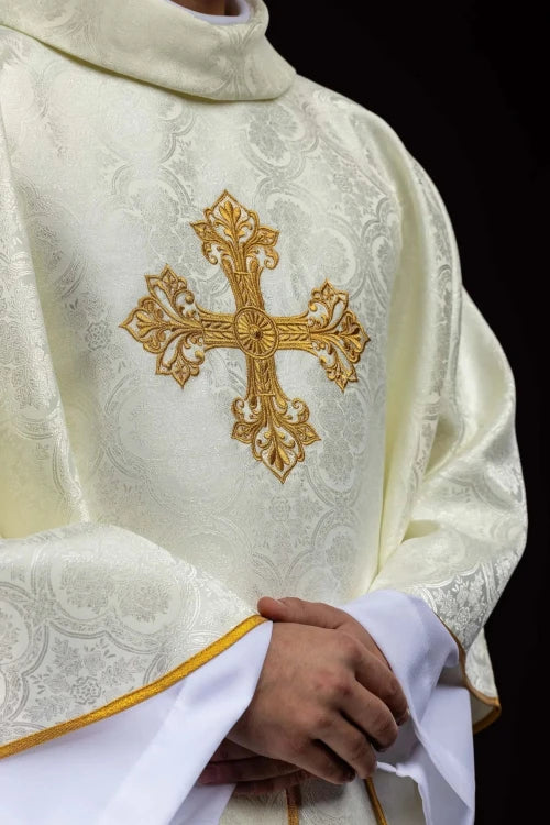 Ecru Chasuble with embroidered cross on jacquard fabric — close-up detail