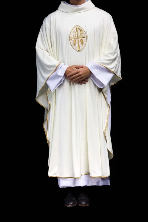 Ecru Chasuble with embroidered cross on Sacrolite knit fabric — full view