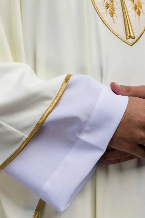 Ecru Chasuble with embroidered cross on Sacrolite knit fabric — back view