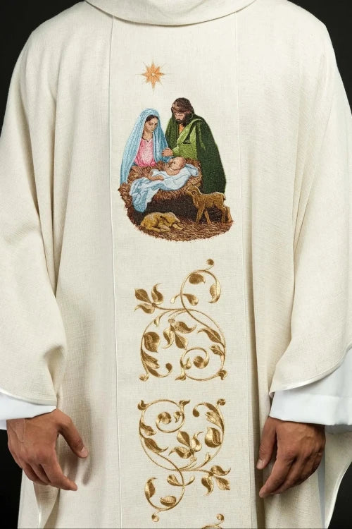 Ecru Chasuble with embroidered Holy Family image — front view