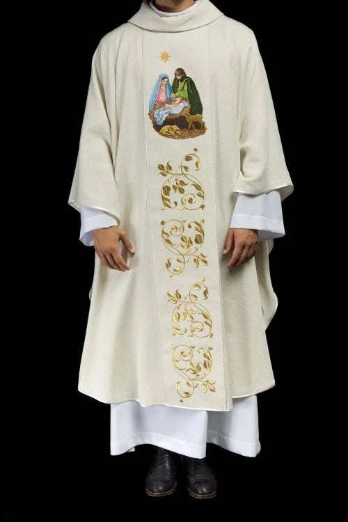 Ecru Chasuble with embroidered Holy Family image — full view