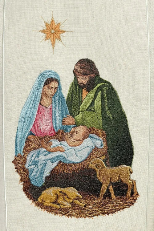 Ecru Chasuble with embroidered Holy Family image — decoration detail