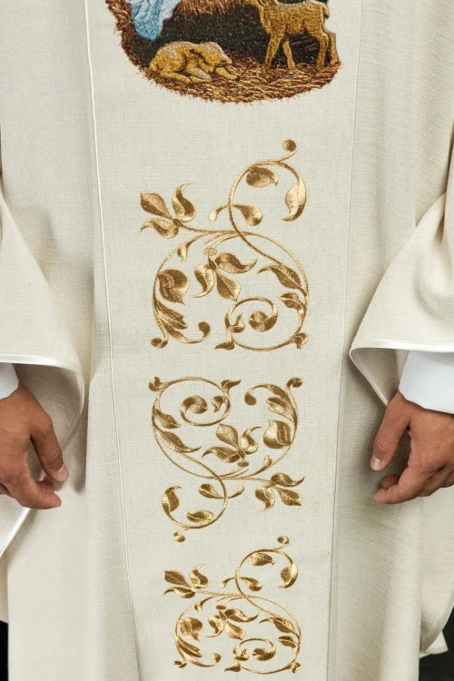 Ecru Chasuble with embroidered Holy Family image — back view