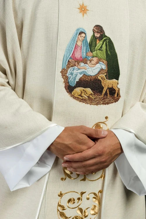 Ecru Chasuble with embroidered Holy Family image — close-up detail
