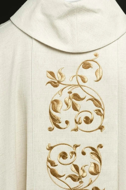 Ecru Chasuble with embroidered Holy Family image — side view