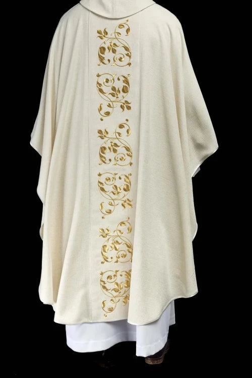 Ecru Chasuble with embroidered Holy Family image — collar detail