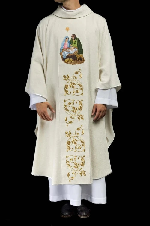 Ecru Chasuble with embroidered Holy Family image — fabric detail