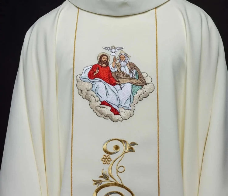 Ecru Chasuble with embroidered Holy Trinity motif — front view