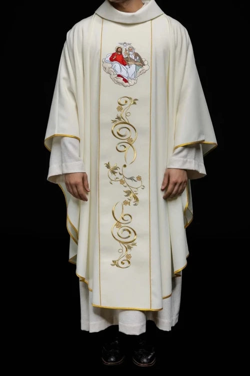 Ecru Chasuble with embroidered Holy Trinity motif — full view