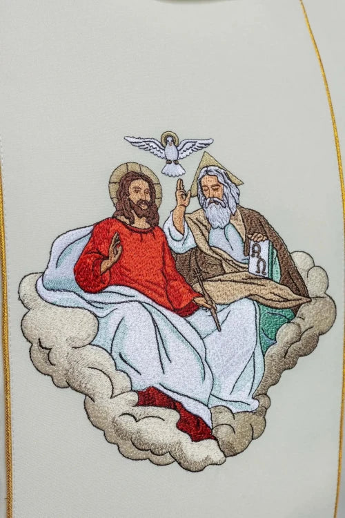 Ecru Chasuble with embroidered Holy Trinity motif — back view