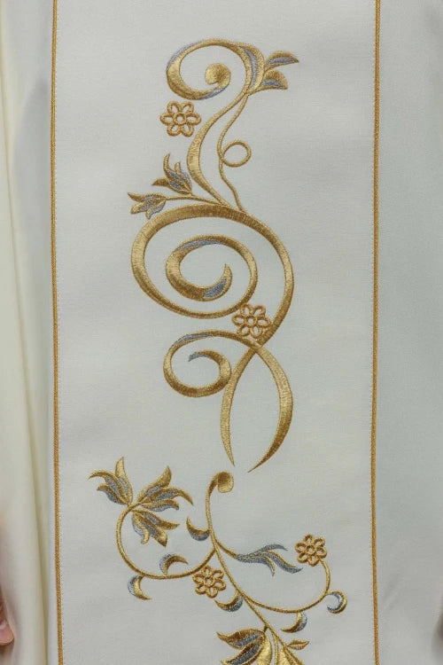 Ecru Chasuble with embroidered Holy Trinity motif — close-up detail