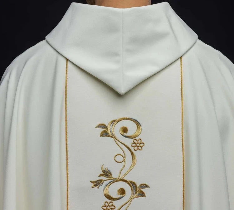 Ecru Chasuble with embroidered Holy Trinity motif — collar detail