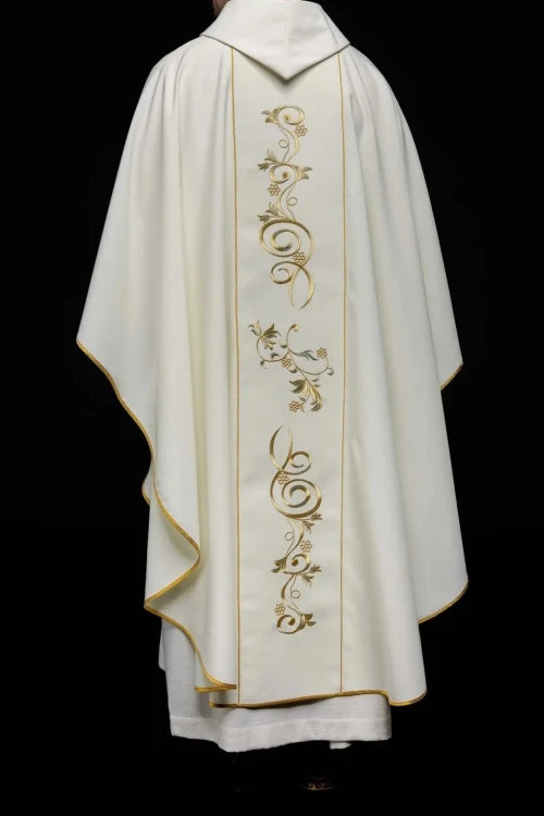 Ecru Chasuble with embroidered Holy Trinity motif — fabric detail