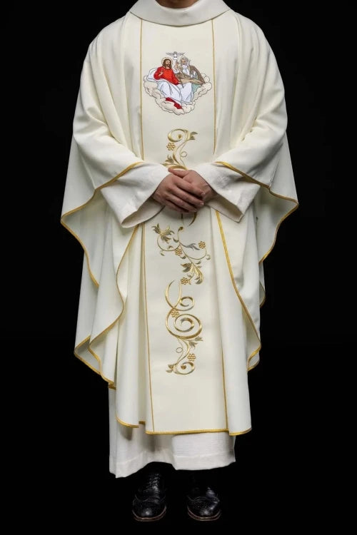 Ecru Chasuble with embroidered Holy Trinity motif — vestment detail