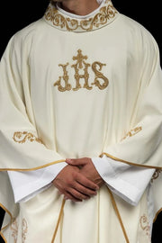 Ecru Chasuble with embroidered IHS monogram — front view
