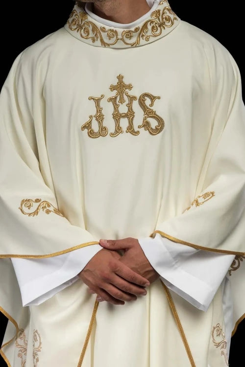Ecru Chasuble with embroidered IHS monogram — front view