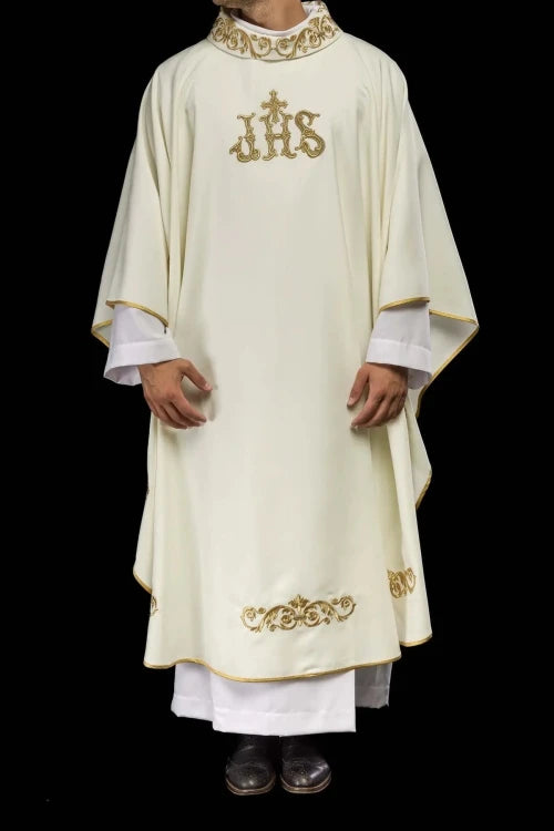 Ecru Chasuble with embroidered IHS monogram — full view